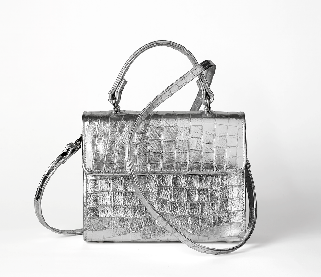 Silver Faux Croc Handbag With Strap